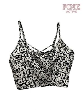 PINK Victoria's Secret Black and White Floral Strappy Crop Tank LARGE .